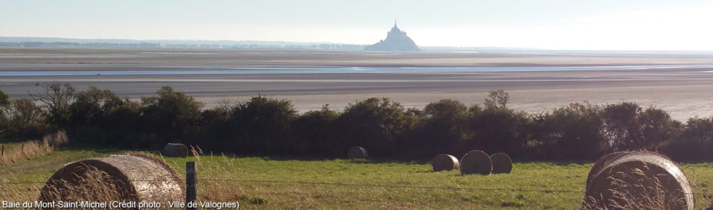 Baie du Mont-Saint-Michel avec des balles de foins rondes au premier plan.