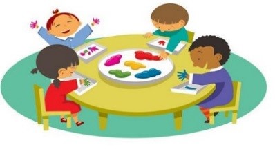 Dessin représentant 4 enfants faisant de la peinture avec leurs mains autour d'une table ronde