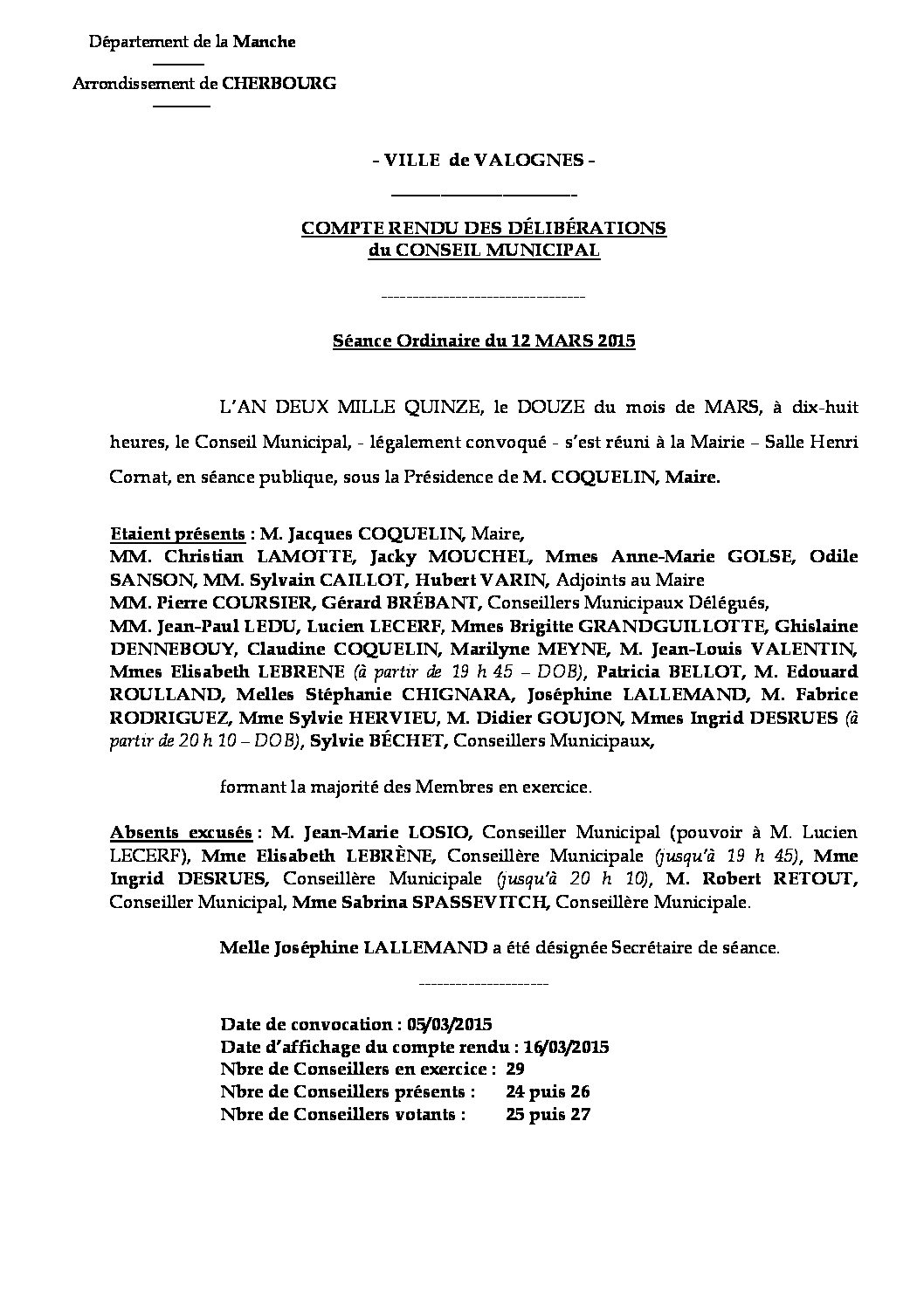 Extrait du registre des délibérations du 12-03-2015 - Compte rendu des délibérations du Conseil Municipal du 12 mars 2015.