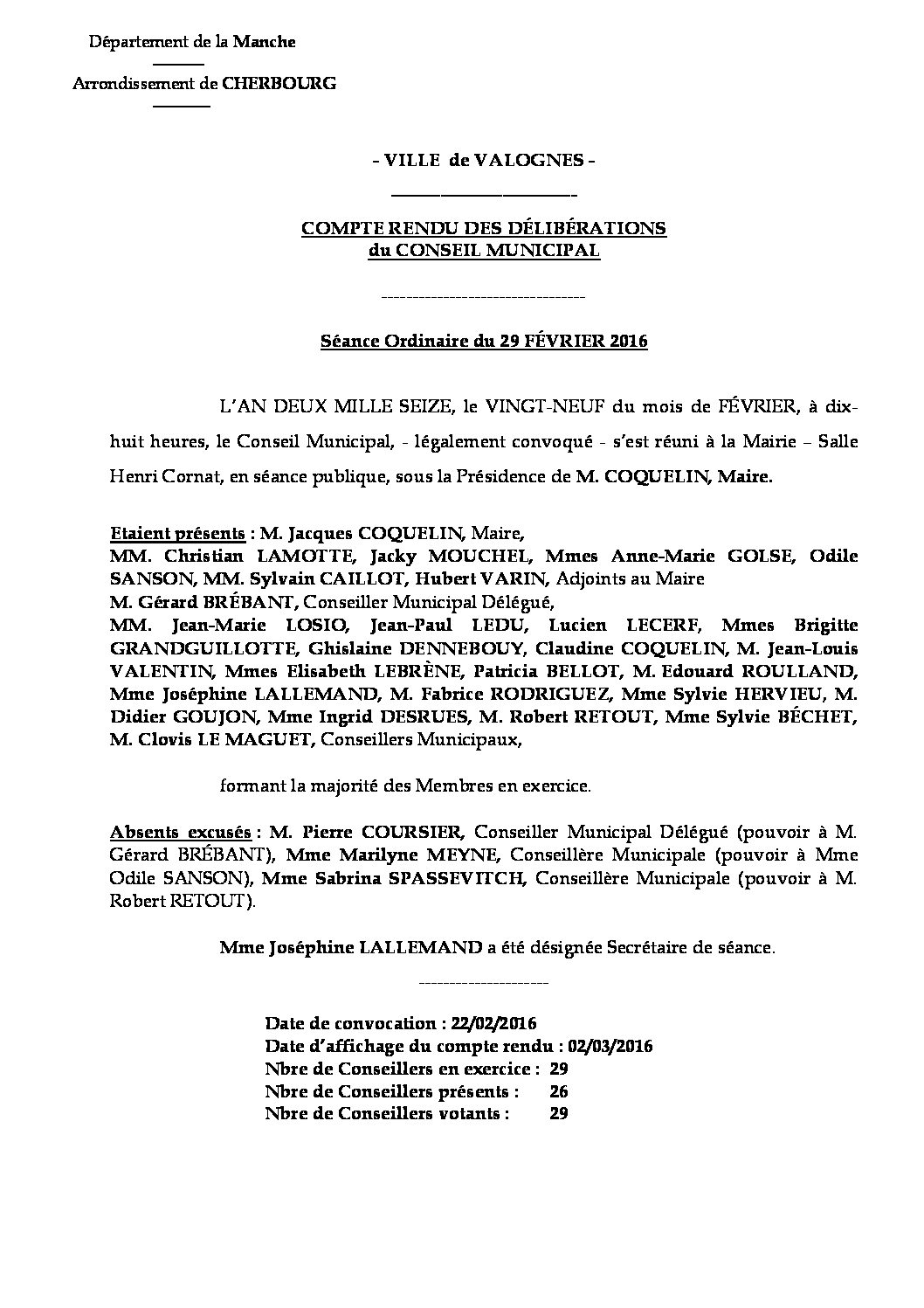 Extrait du registre des délibérations du 29-02-2016 - Compte rendu des questions soumises à délibération lors de la séance du Conseil Municipal du 29 février 2016