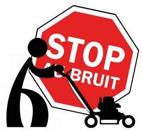 Pictogramme personnage avec tondeuse à gazon devant un panneau rouge "STOP AU BRUIT"