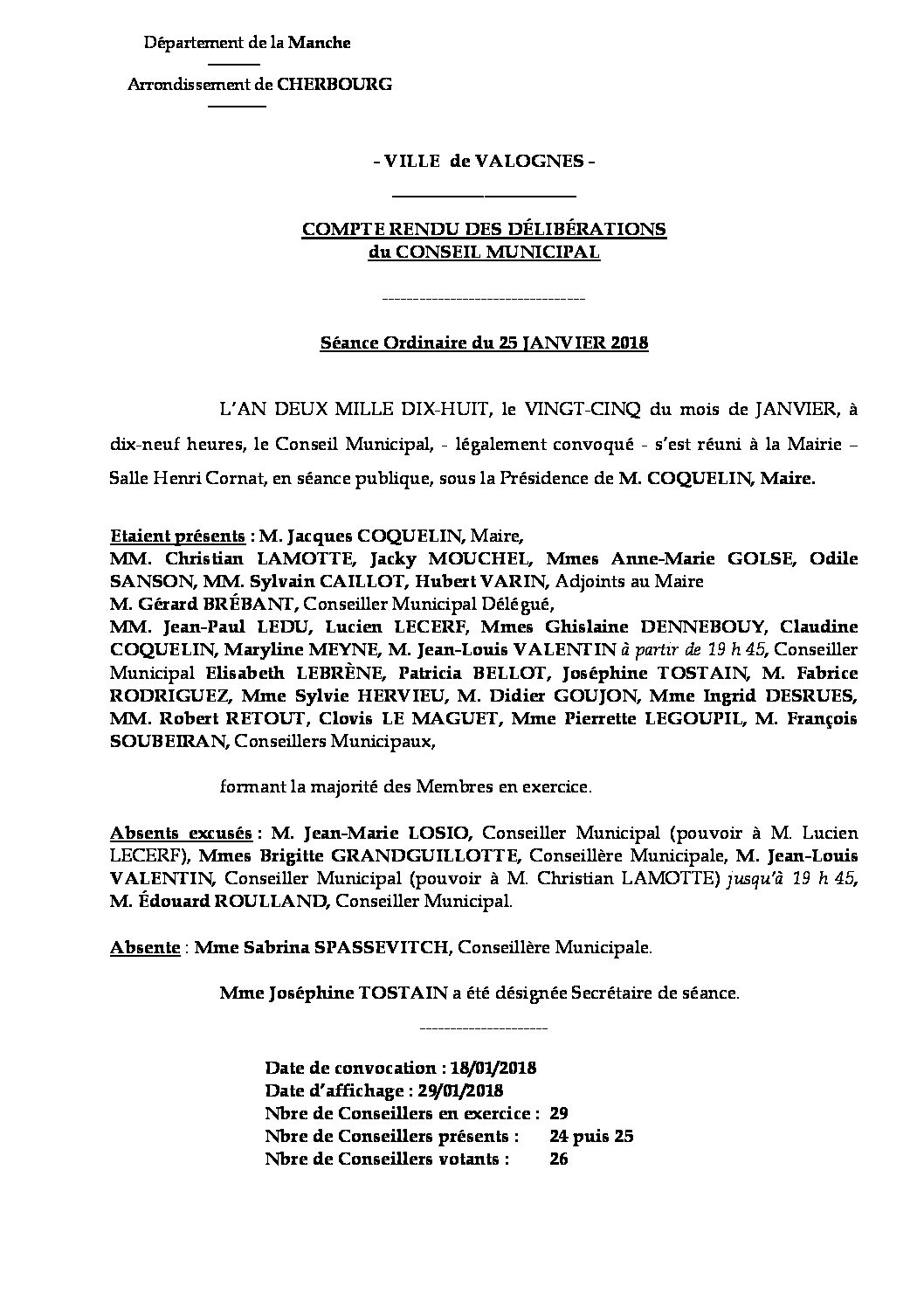Extrait du registre des délibérations du 25-01-2018 - Compte rendu synthétique des délibérations du Conseil Municipal du 25 janvier 2018.