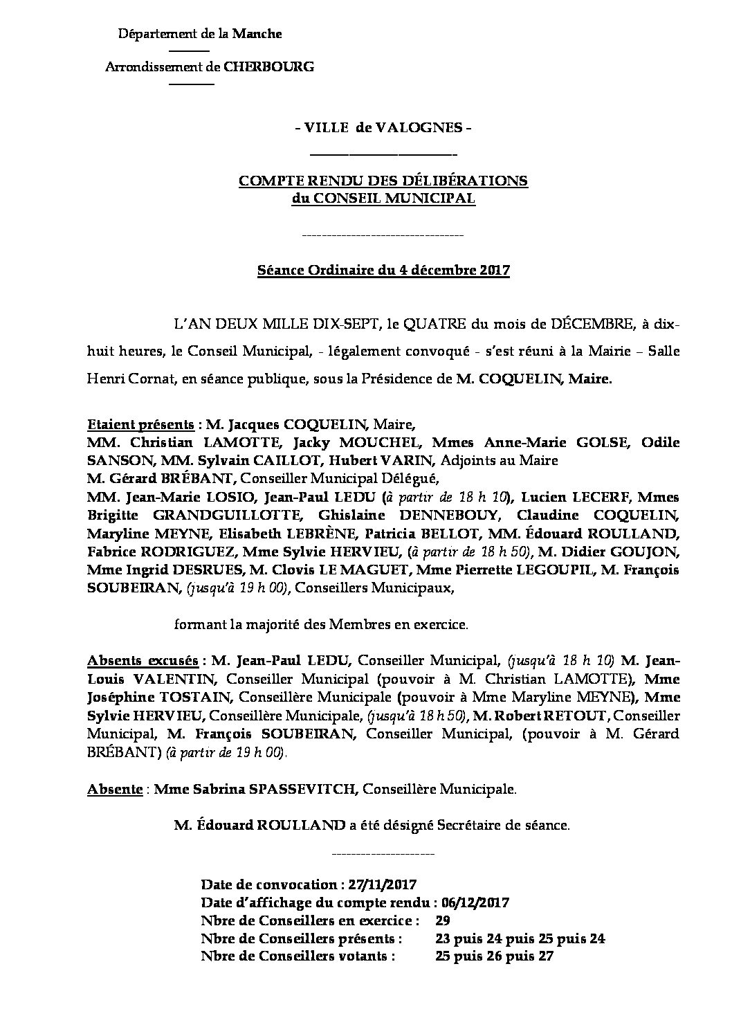 Extrait du registre des délibérations du 04-12-2017 - Compte-rendu synthétique des questions soumises à délibération lors de la séance du Conseil Municipal du 4 décembre 2017.
