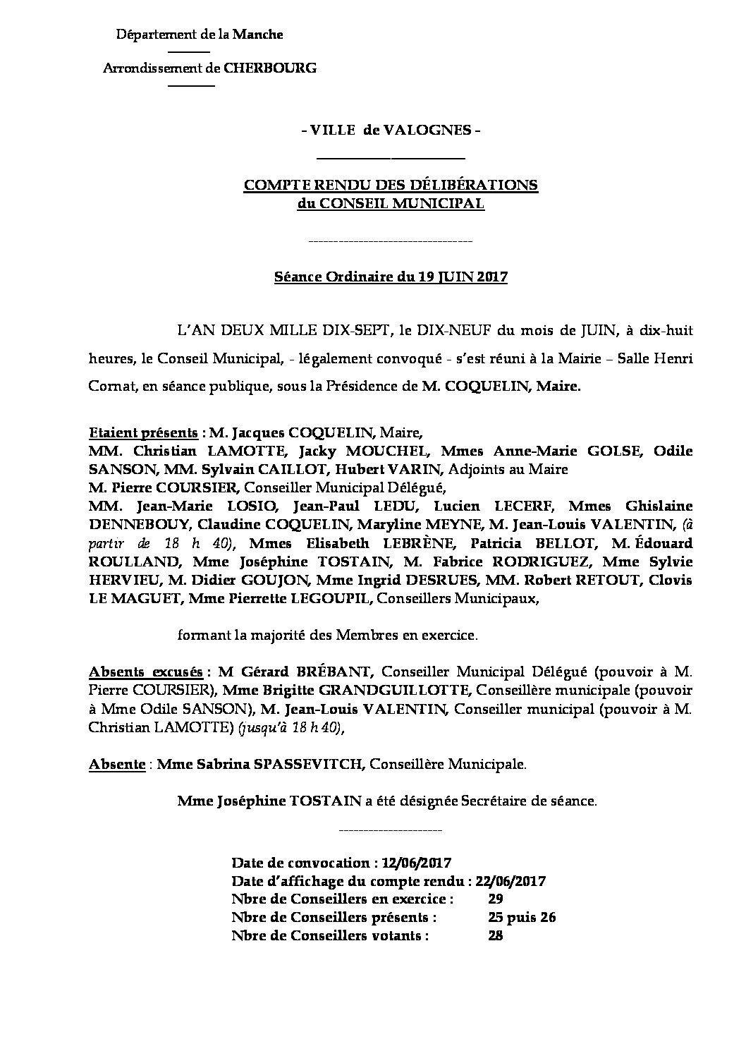 Extrait du registre des délibérations du 19-06-2017 - Compte-rendu synthétique des questions soumises à délibération lors de la séance du Conseil Municipal du 19 juin 2017.