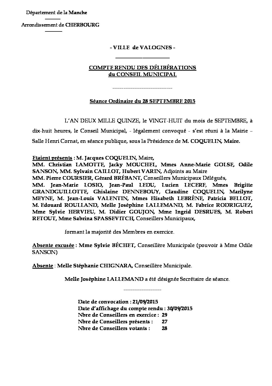 Extrait du registre des délibérations du 28-09-2015 - Compte rendu des questions soumises à délibération lors de la séance du Conseil Municipal du 28 septembre 2015