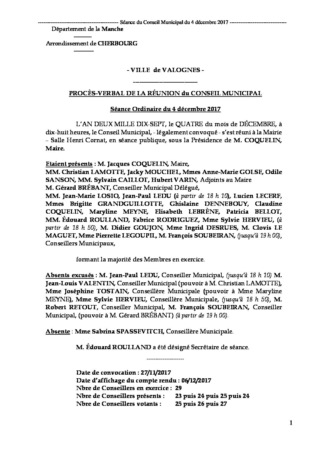 Procès-verbal du 04-12-2017 - Procès-verbal de la réunion du Conseil Municipal du 4 décembre 2017, approuvé à l