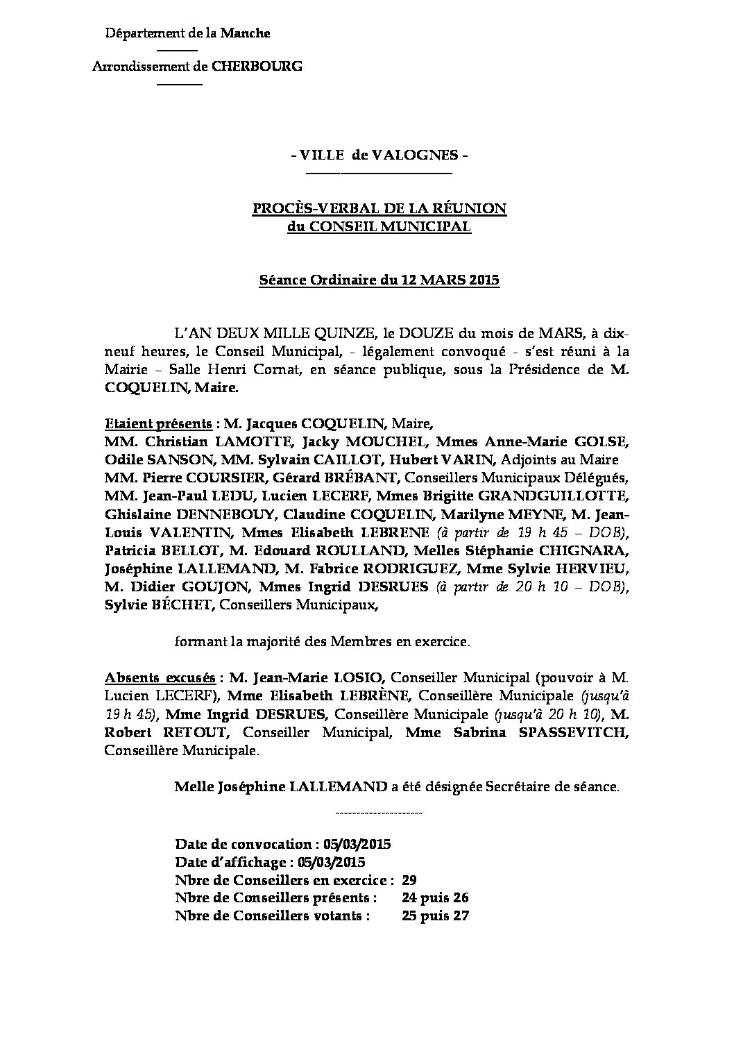 Procès-verbal du 12-03-2015 - Procès-verbal de la réunion du Conseil Municipal du 12 mars 2015, approuvé à l
