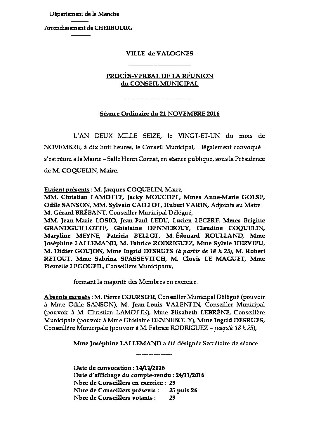 Procès-verbal du 21-11-2016 - Procès-verbal de la réunion du Conseil Municipal du 21 novembre 2016, approuvé à l