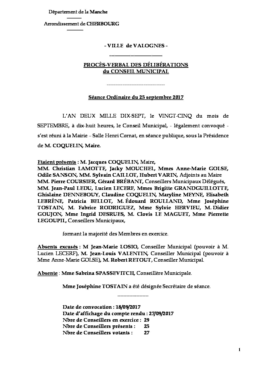Procès-verbal du 25-09-2017 - Procès-verbal de la réunion du Conseil Municipal du 25 septembre 2017, approuvé à l
