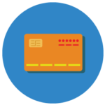 Pictogramme dans un rond bleu, représentant une carte bancaire de couleur orange