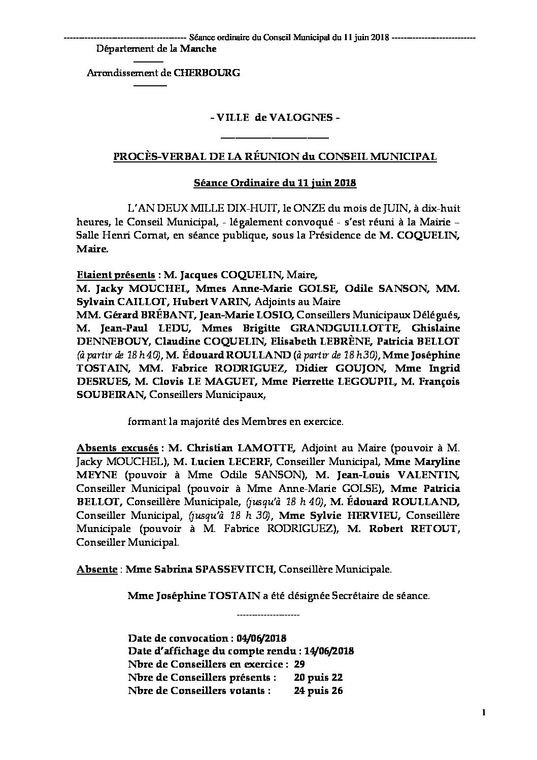 Procès-verbal de réunion - Procès-verbal de la réunion du Conseil Municipal du 11 juin 2018, approuvé à l