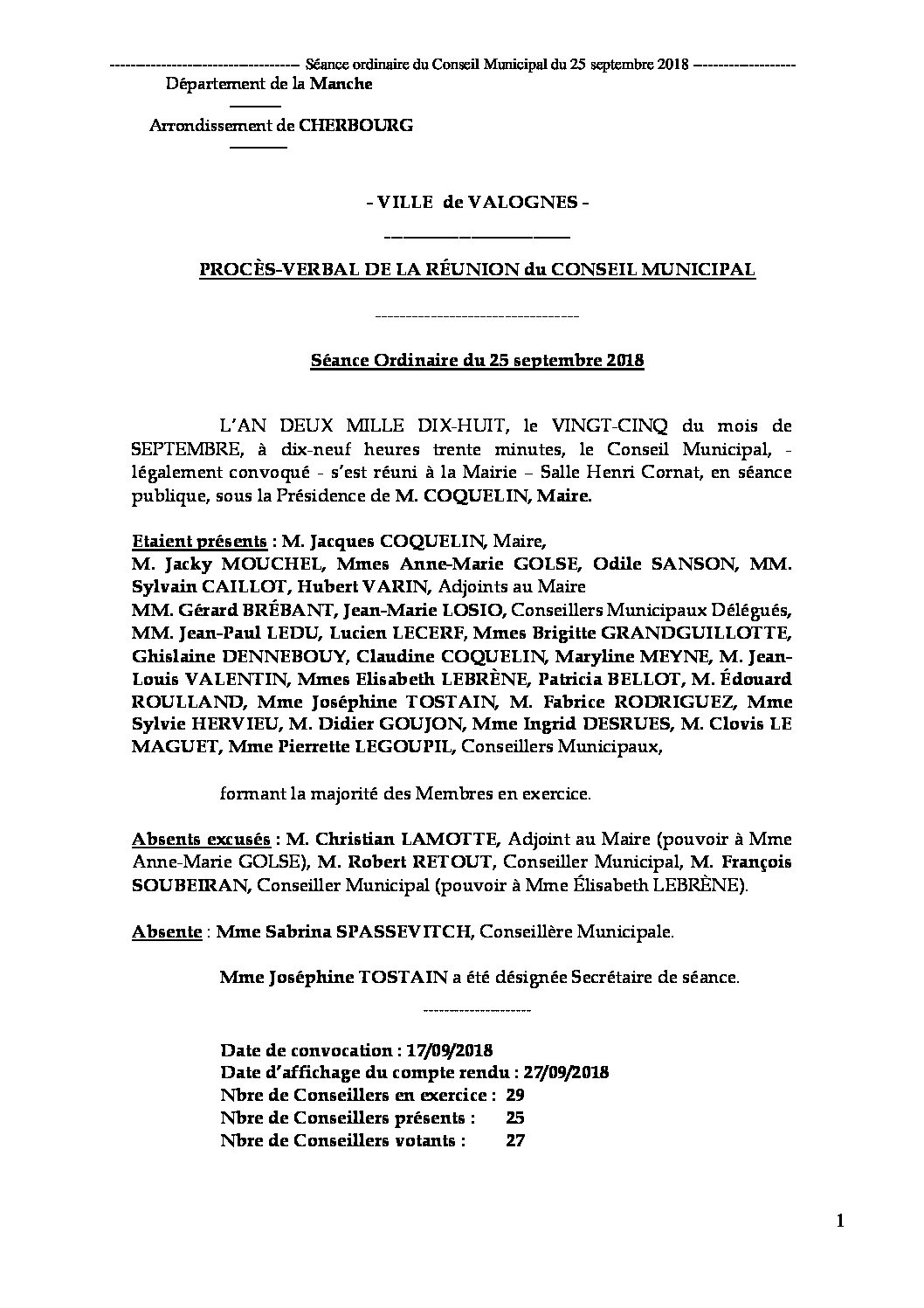 Procès-verbal de Conseil Municipal - Procès-verbal de la réunion du Conseil Municipal du 25 septembre 2018, approuvé à l