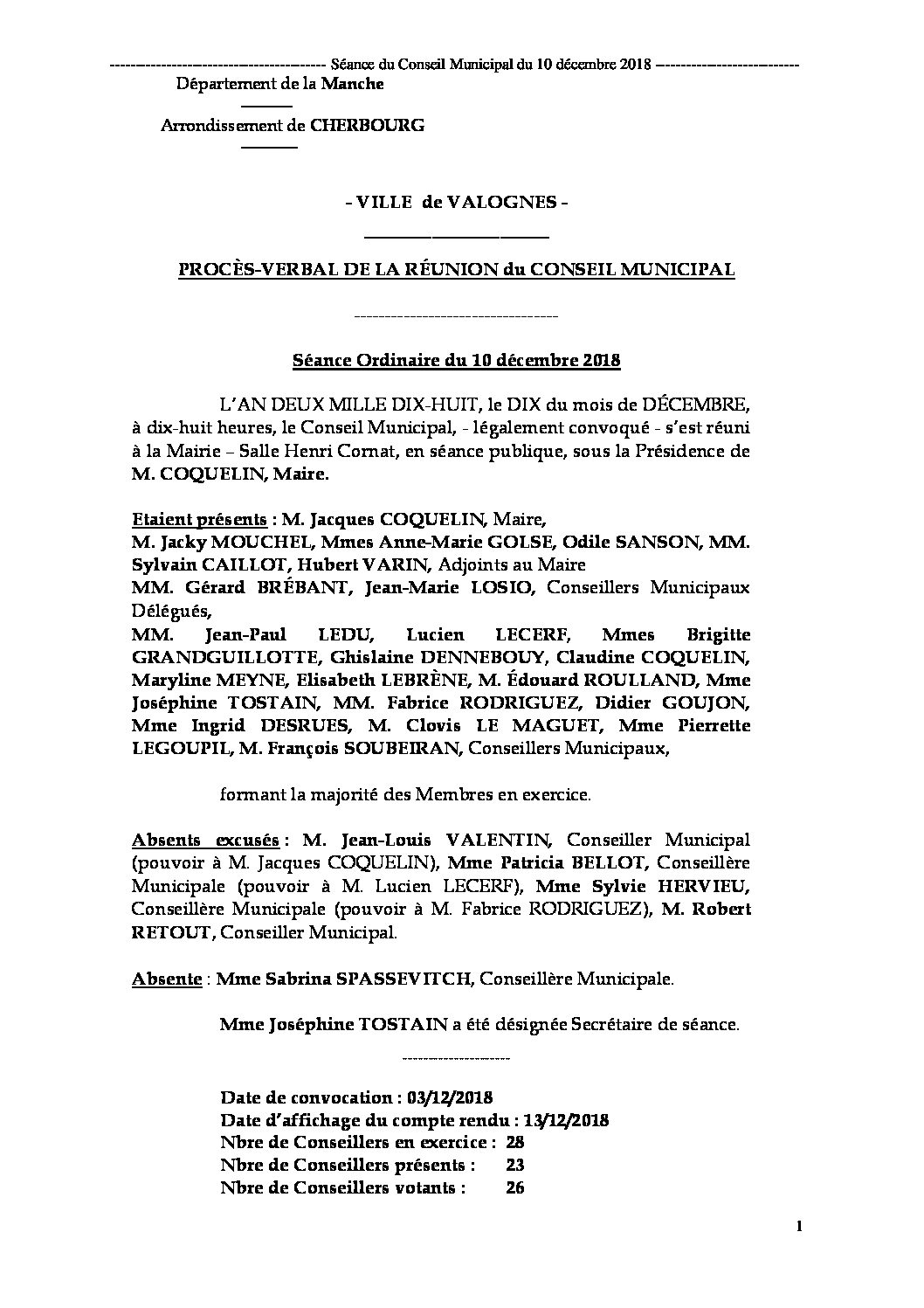 Procès-verbal de séance - Procès-verbal de la réunion du Conseil Municipal du 10 décembre 2018, approuvé à l