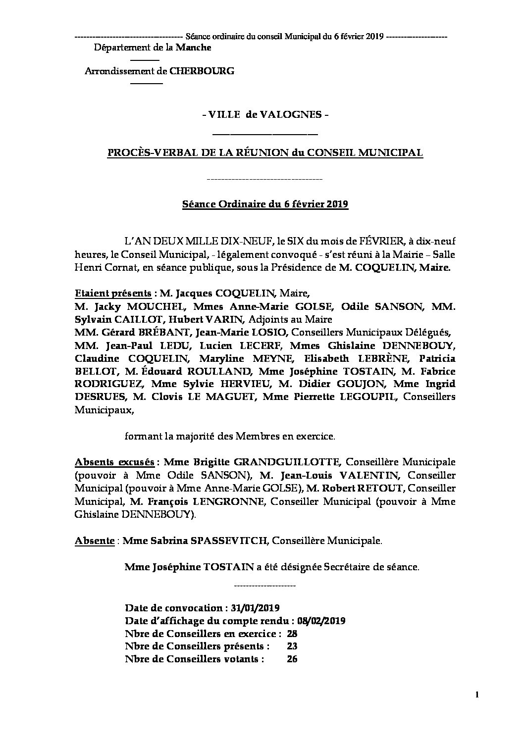 Procès-verbal de la séance du 6 février 2019 - Procès-verbal de la réunion du Conseil Municipal du 6 février 2019, approuvé à l