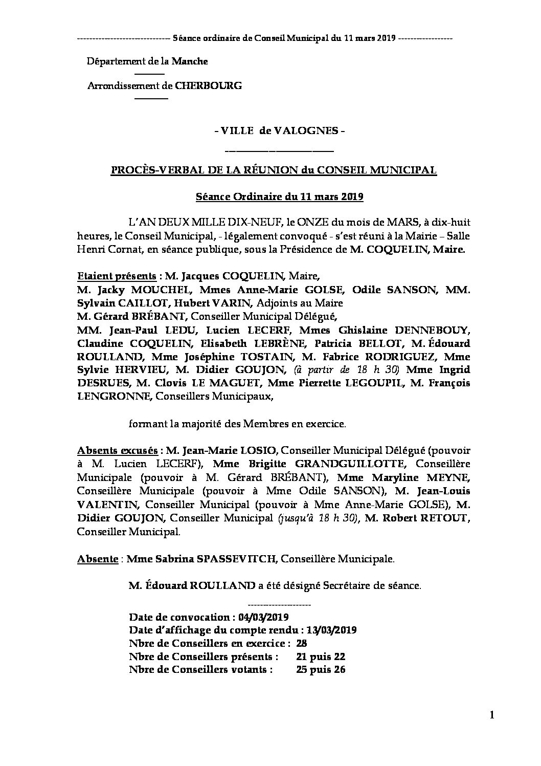 Procès-verbal de séance - Procès-verbal de la réunion du Conseil Municipal du 11 mars 2019, approuvé à l