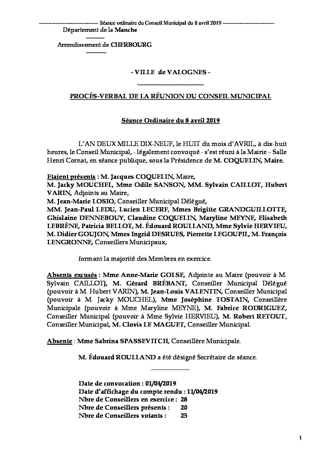 Procès-verbal de la séance du CM du 08 04 19 - Procès-verbal de la séance du Conseil Municipal du 8 avril 2019, approuvé à l