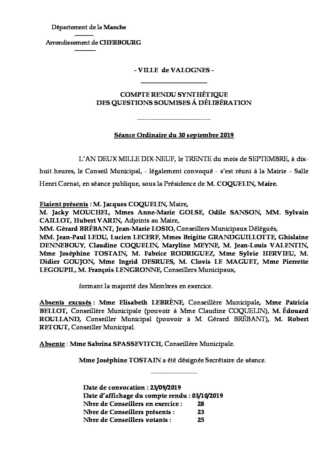 compte rendu synthétique 30 09 19 - Compte rendu synthétique des questions soumises à délibération lors de la séance du 30 septembre 2019.
