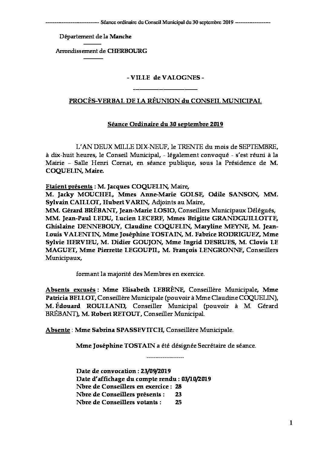 Procès-verbal de séance du CM du 30 09 19 - Procès-verbal de la réunion du Conseil Municipal du 30 septembre 2019, approuvé à l