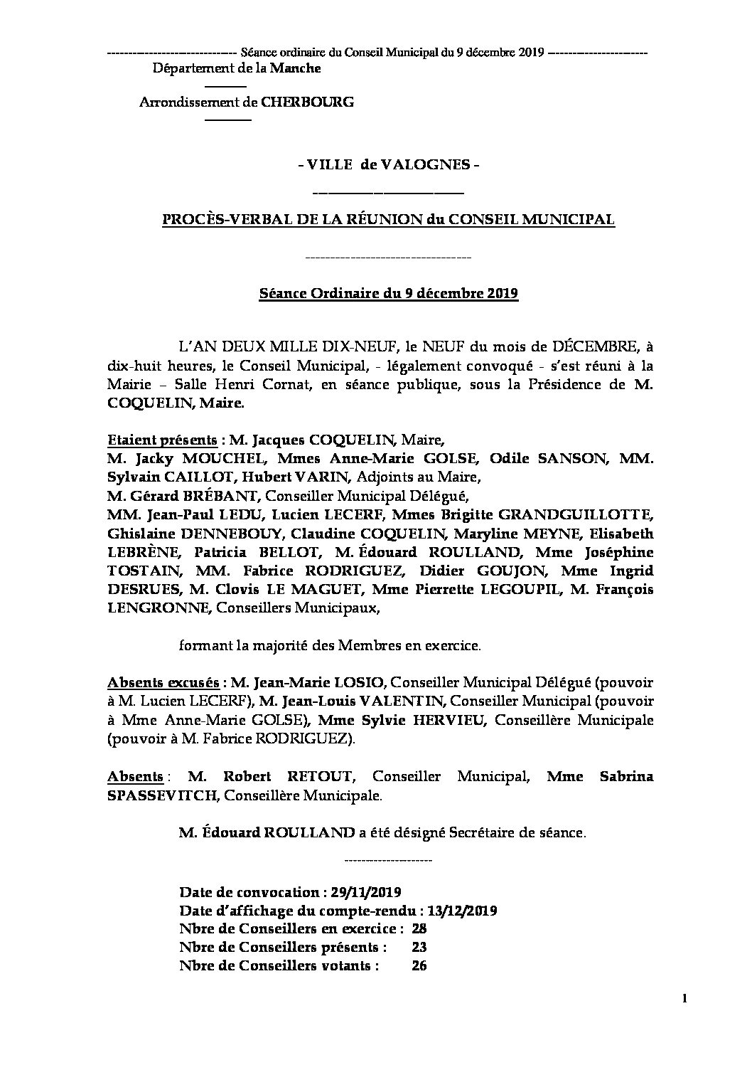 Procès-verbal de séance 09 12 19 - Procès-verbal de la réunion ordinaire du Conseil Municipal du 9 décembre 2019, approuvé à l