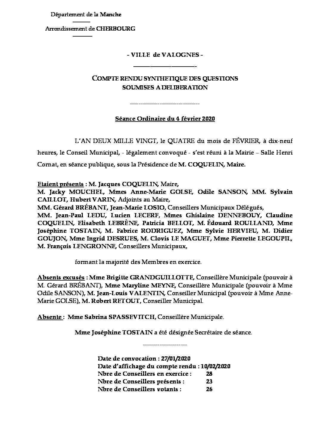 Compte rendu synthétique 04 02 20 - Compte rendu synthétique des questions soumises à délibération lors de la réunion du Conseil Municipal du 4 février 2020.