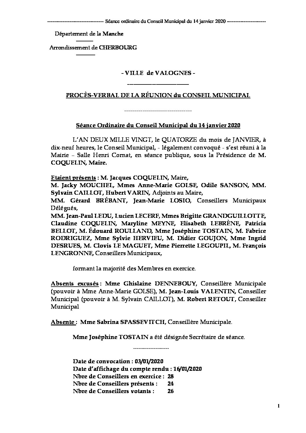 Procès-verbal de séance 14 01 20 - Procès-verbal de la réunion du Conseil Municipal du 14 janvier 2020 approuvé à l