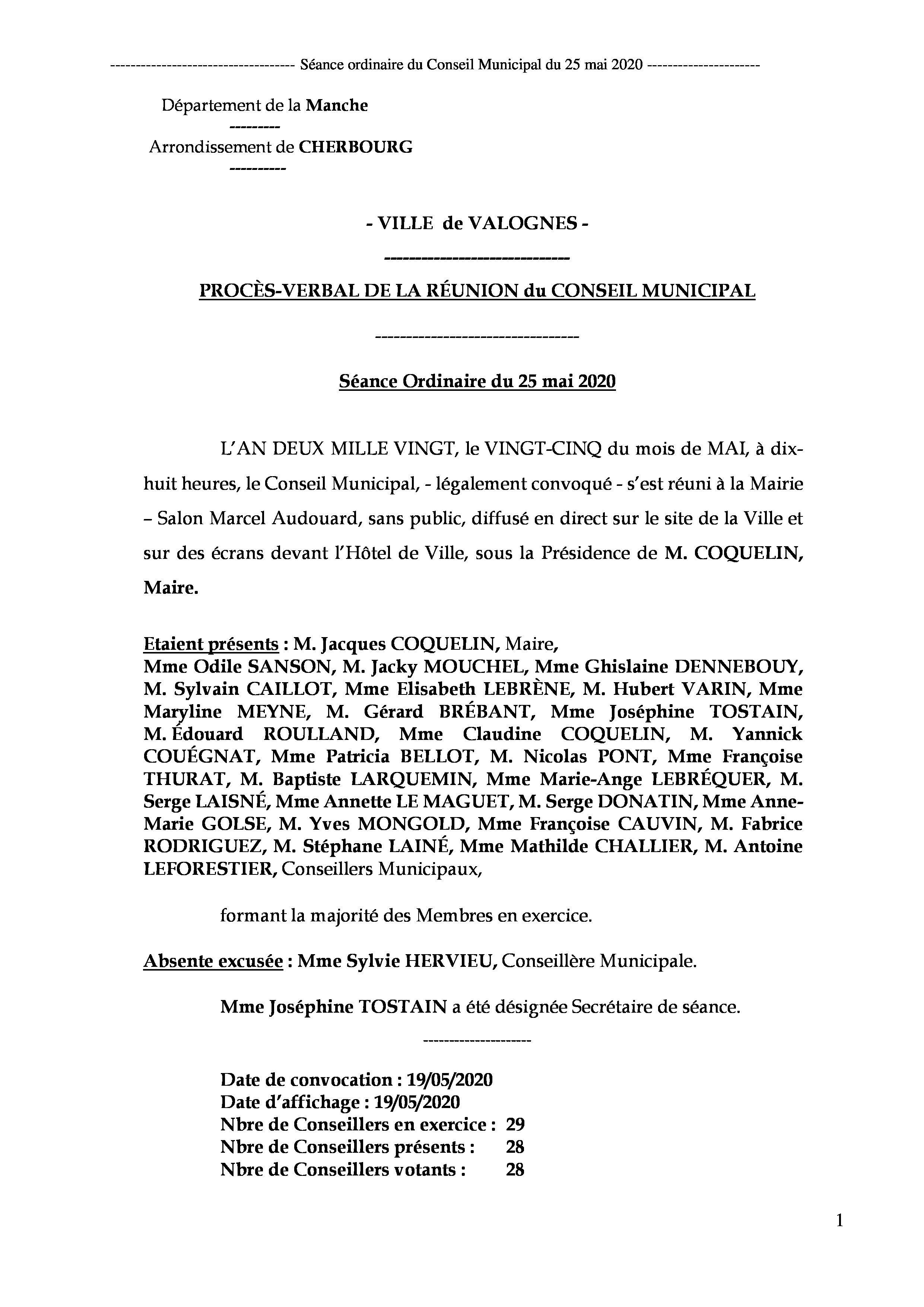 procès-verbal de séance - Procès-verbal de la réunion du Conseil Municipal du 25 mai 2020, approuvé à l