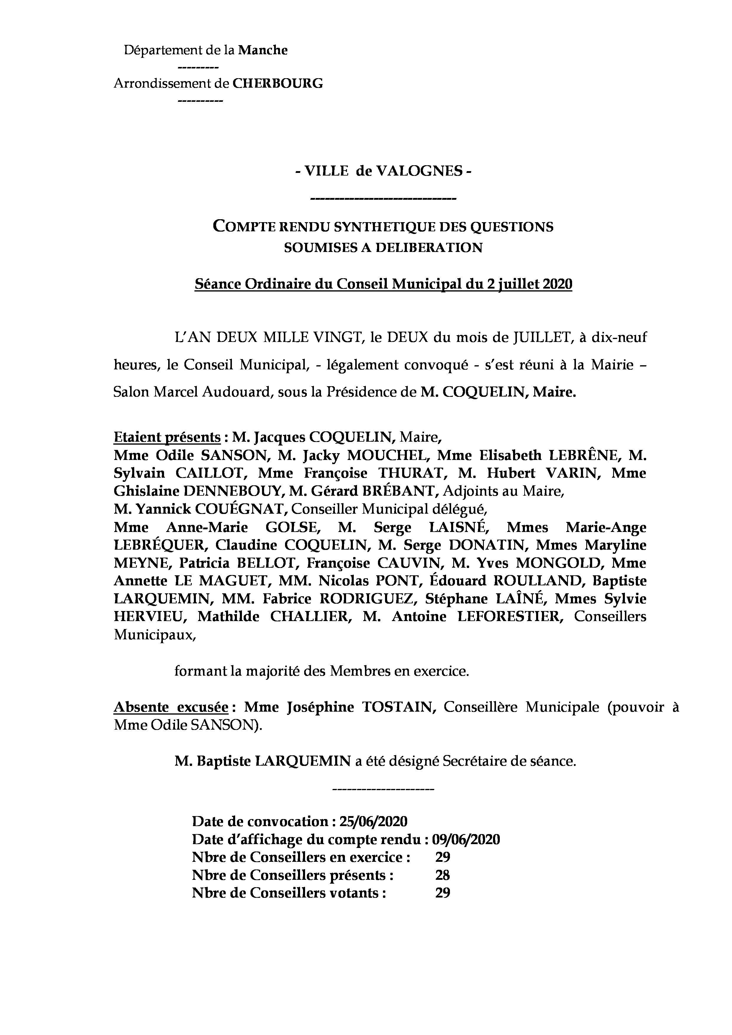Compte rendu synthétique 02 07 20 - Compte rendu synthétique des questions soumises à délibération lors de la séance du Conseil Municipal du 2 juillet 2020.