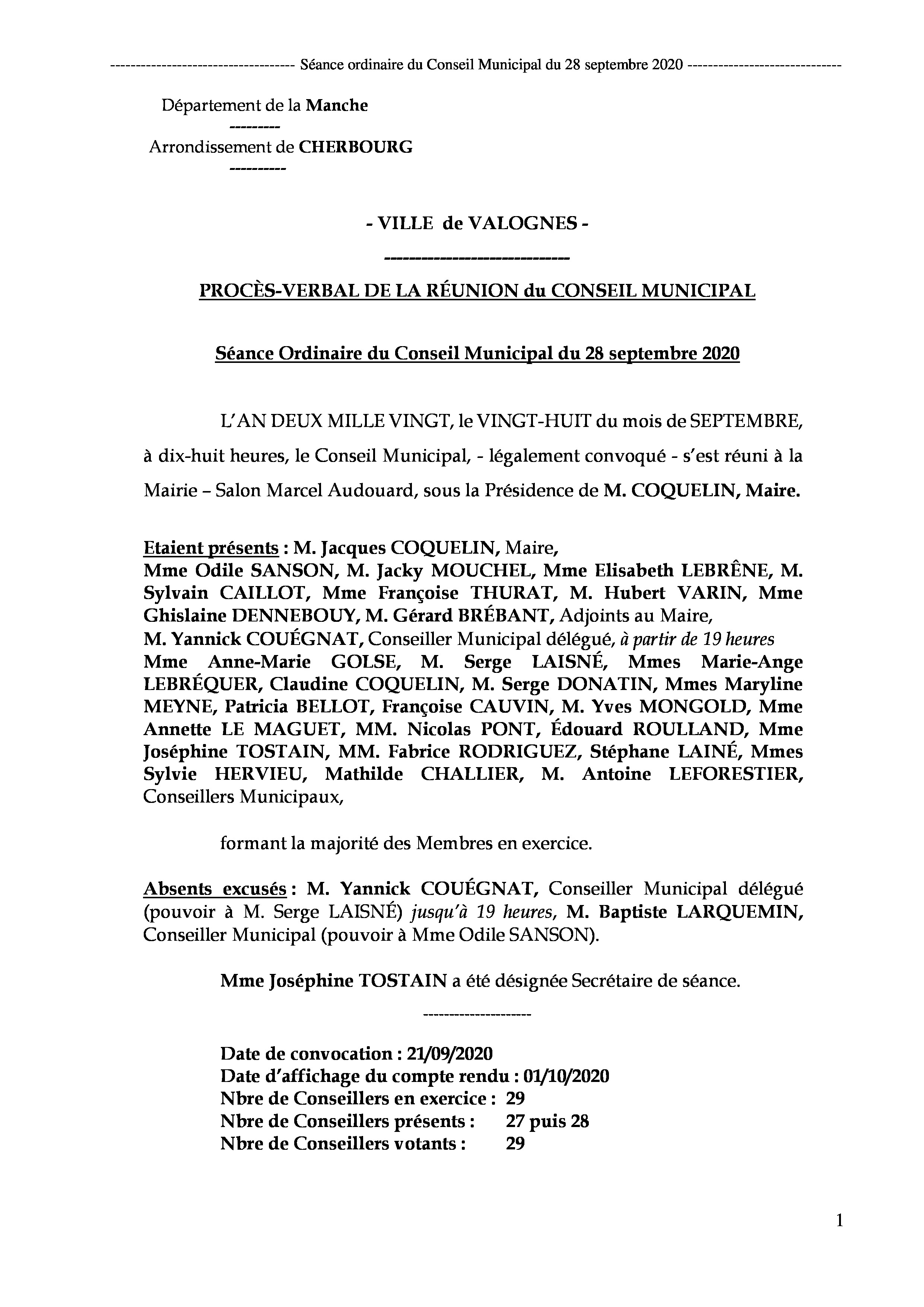Procès-verbal CM 28 09 20 - Procès-verbal de la réunion du Conseil Municipal du 28 septembre 2020, approuvé à l