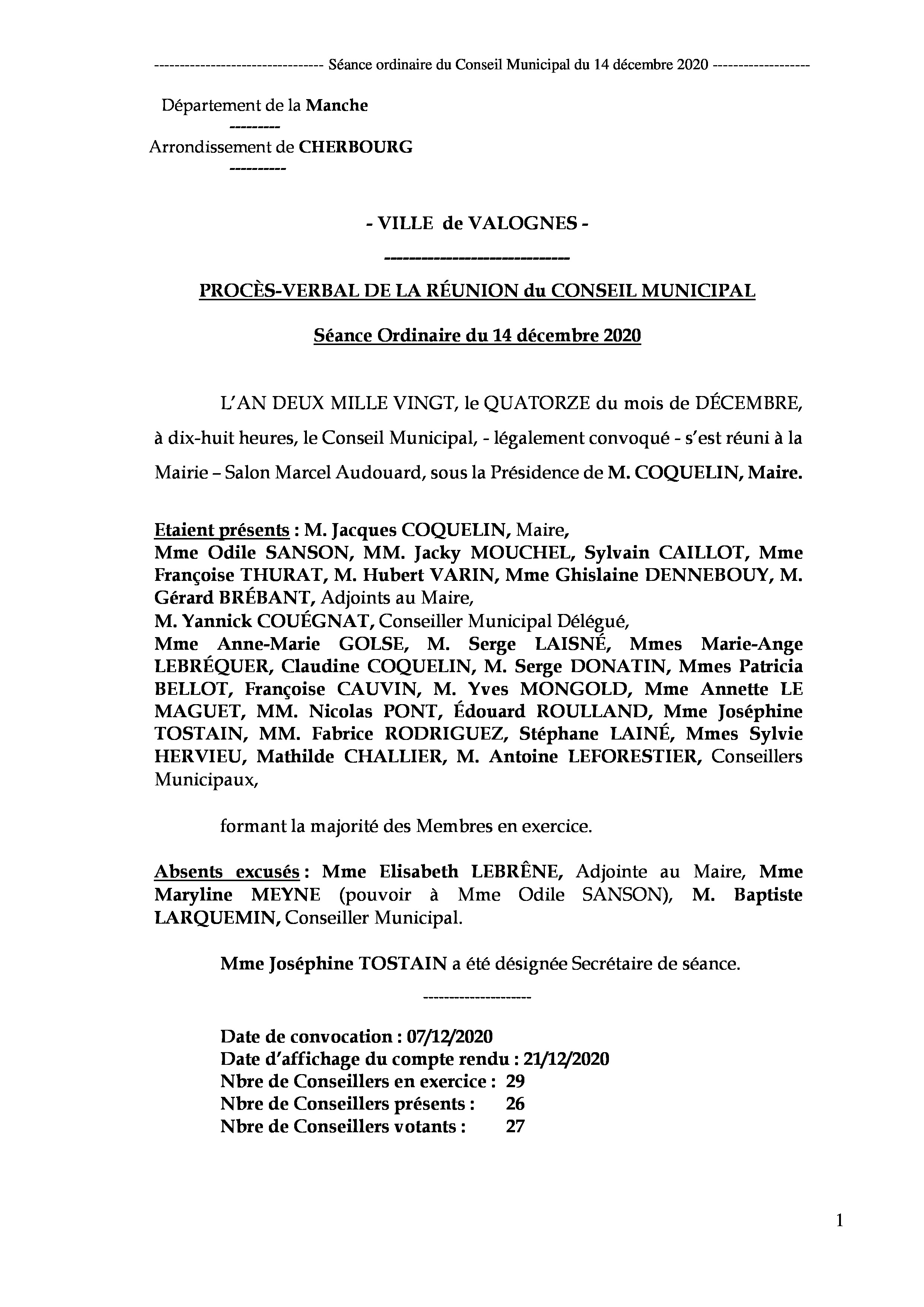 Procès-verbal CM 14 12 20 - Procès-verbal de la réunion du Conseil Municipal du 14 décembre 2020, approuvé à l