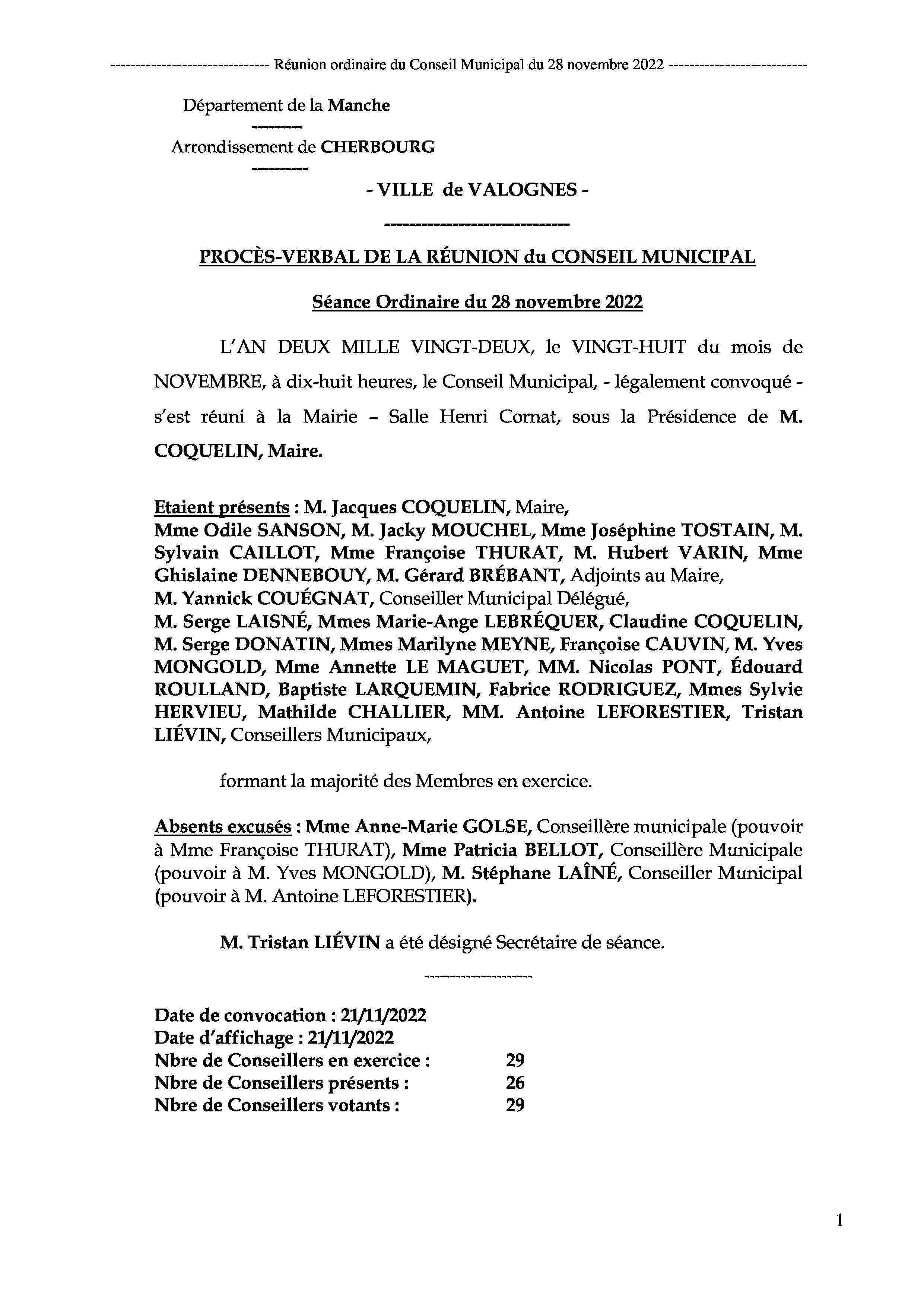 Procès-verbal séance du Conseil Municipal du 28 novembre 2022 - Procès-verbal de la réunion du Conseil Municipal du 28 novembre 2022, approuvé à l Procès-verbal séance du Conseil Municipal du 28 novembre 2022 - Procès-verbal de la réunion du Conseil Municipal du 28 novembre 2022, approuvé à l