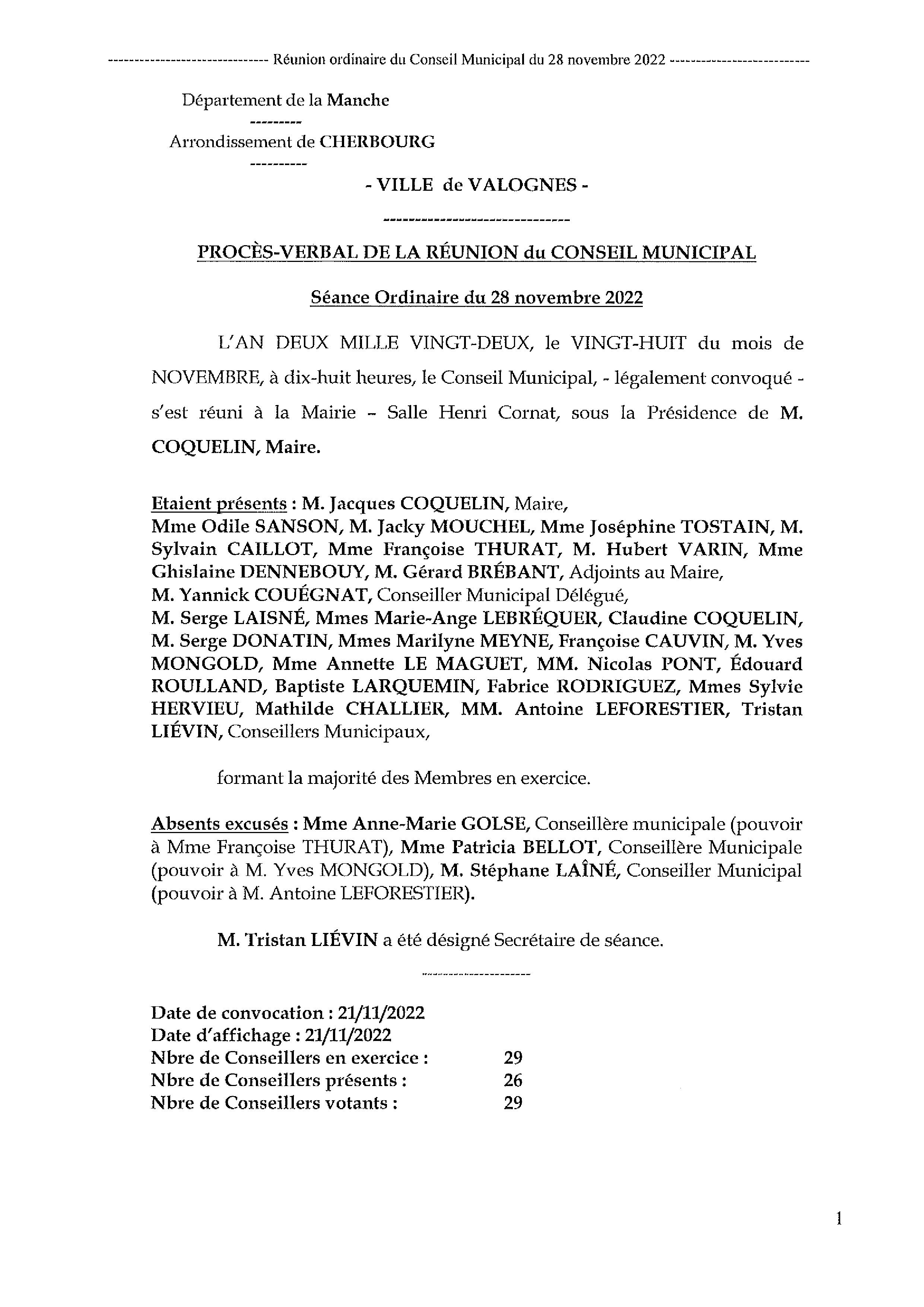 Procès-verbal séance du Conseil Municipal du 28 novembre 2022 - Procès-verbal de la réunion du Conseil Municipal du 28 novembre 2022, approuvé à l