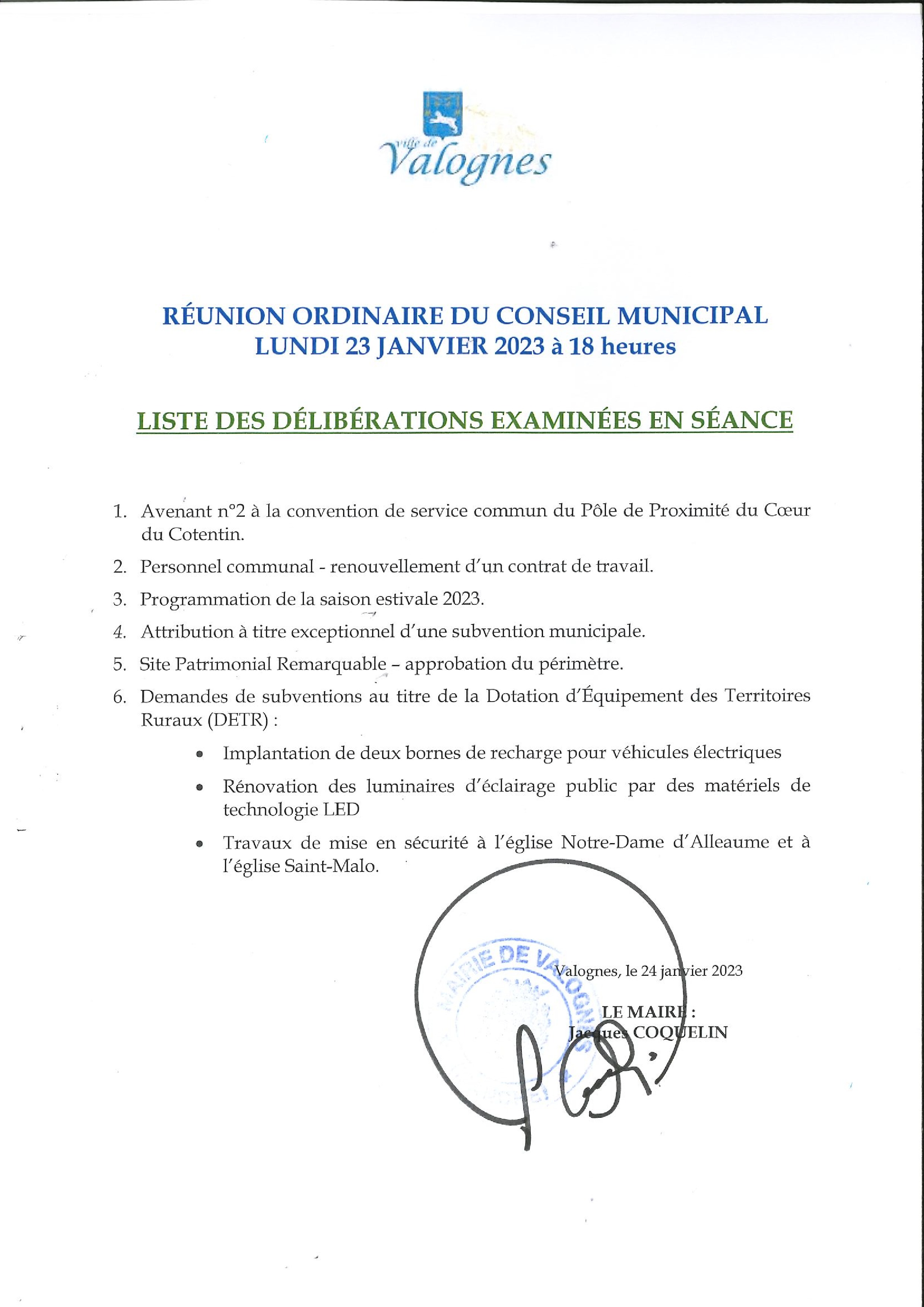 Liste des délibérations 23 01 23 - Liste des délibérations examinées lors de la séance du Conseil Municipal du 23 janvier 2023.