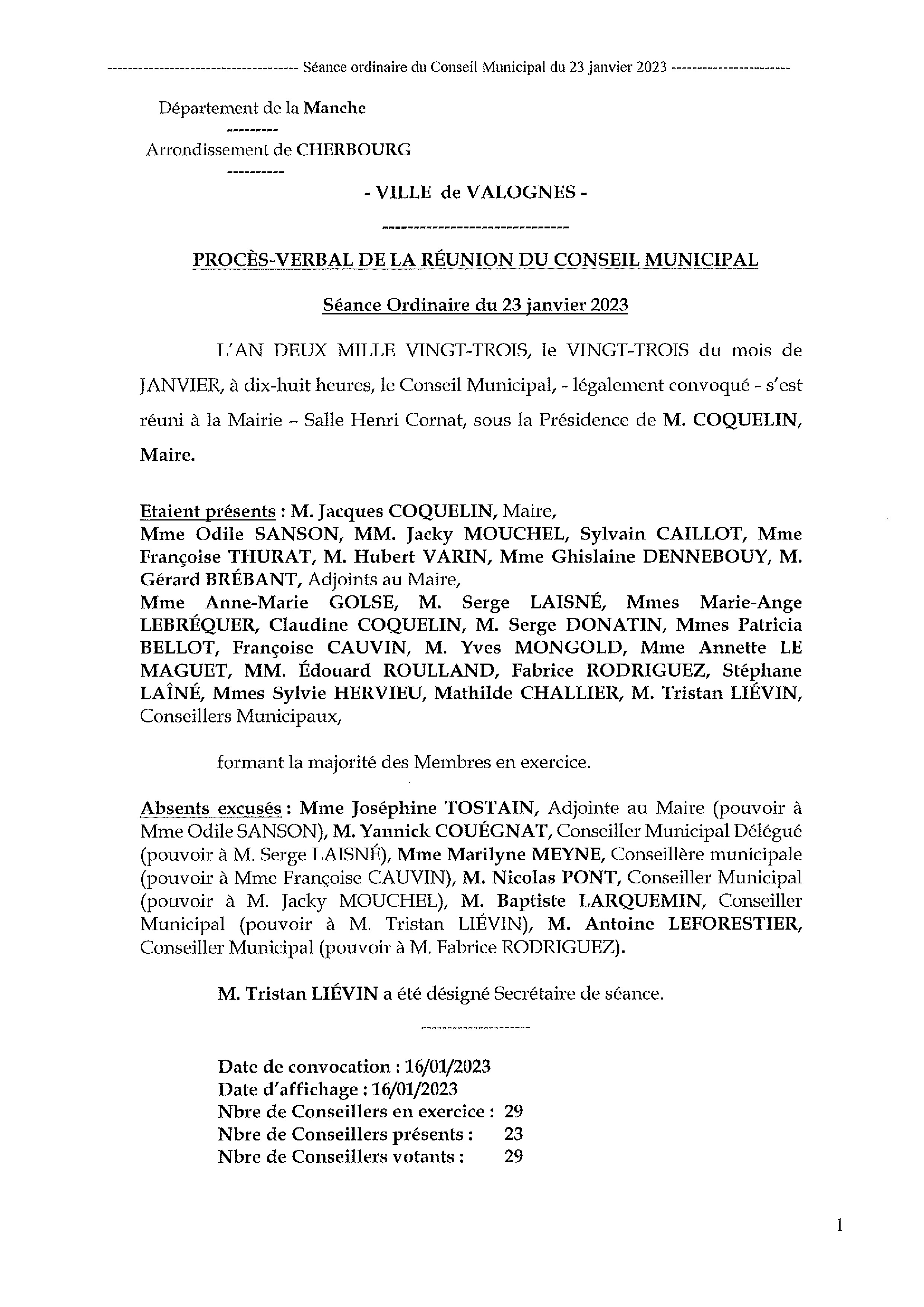 Procès-verbal de réunion – 23 01 23 - Procès-verbal de la réunion du Conseil Municipal du 23 janvier 2023, approuvé à l Procès-verbal de réunion – 23 01 23 - Procès-verbal de la réunion du Conseil Municipal du 23 janvier 2023, approuvé à l