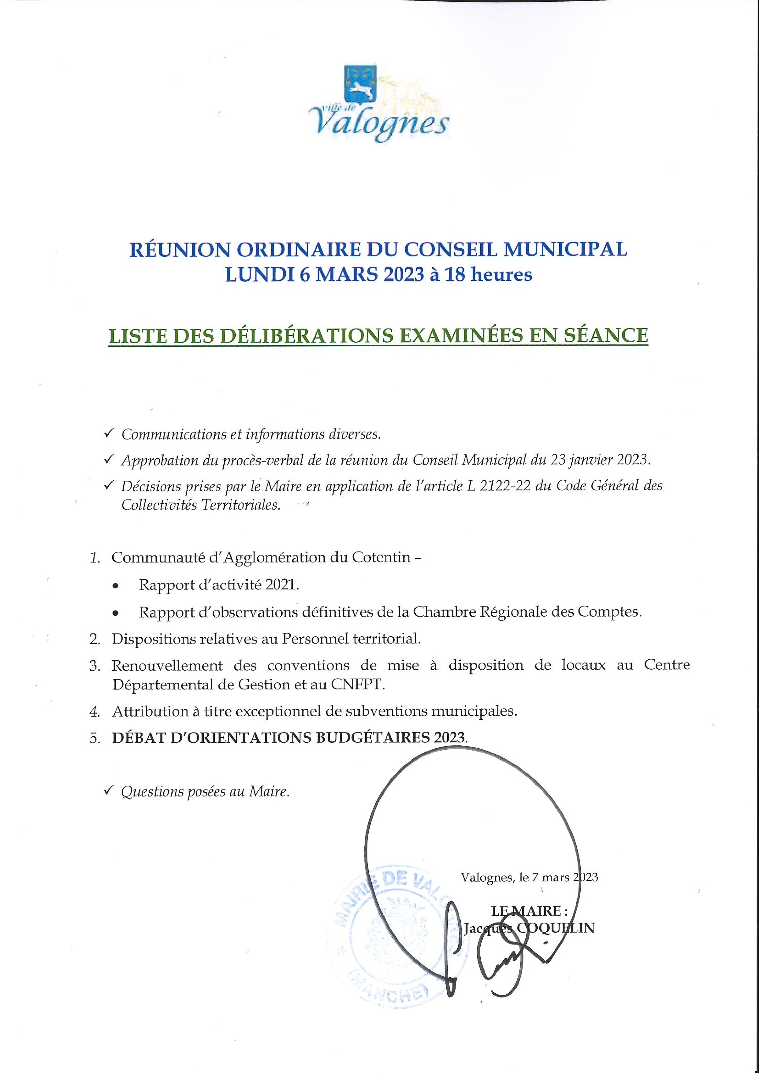 liste des délibérations – séance du 06 mars 23 - Liste des délibérations du Conseil Municipal du 6 mars 2023.