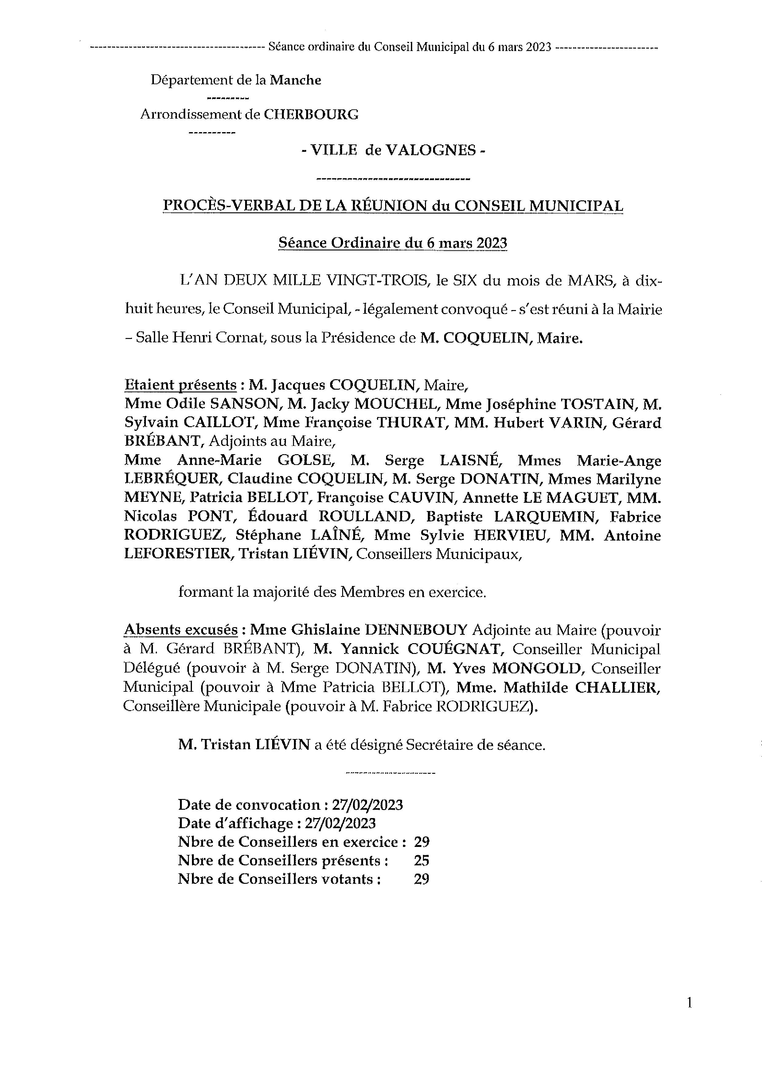 Procès-verbal CM 06 03 23 - Procès-verbal de la réunion du Conseil Municipal du 6 mars 2023, approuvé à l