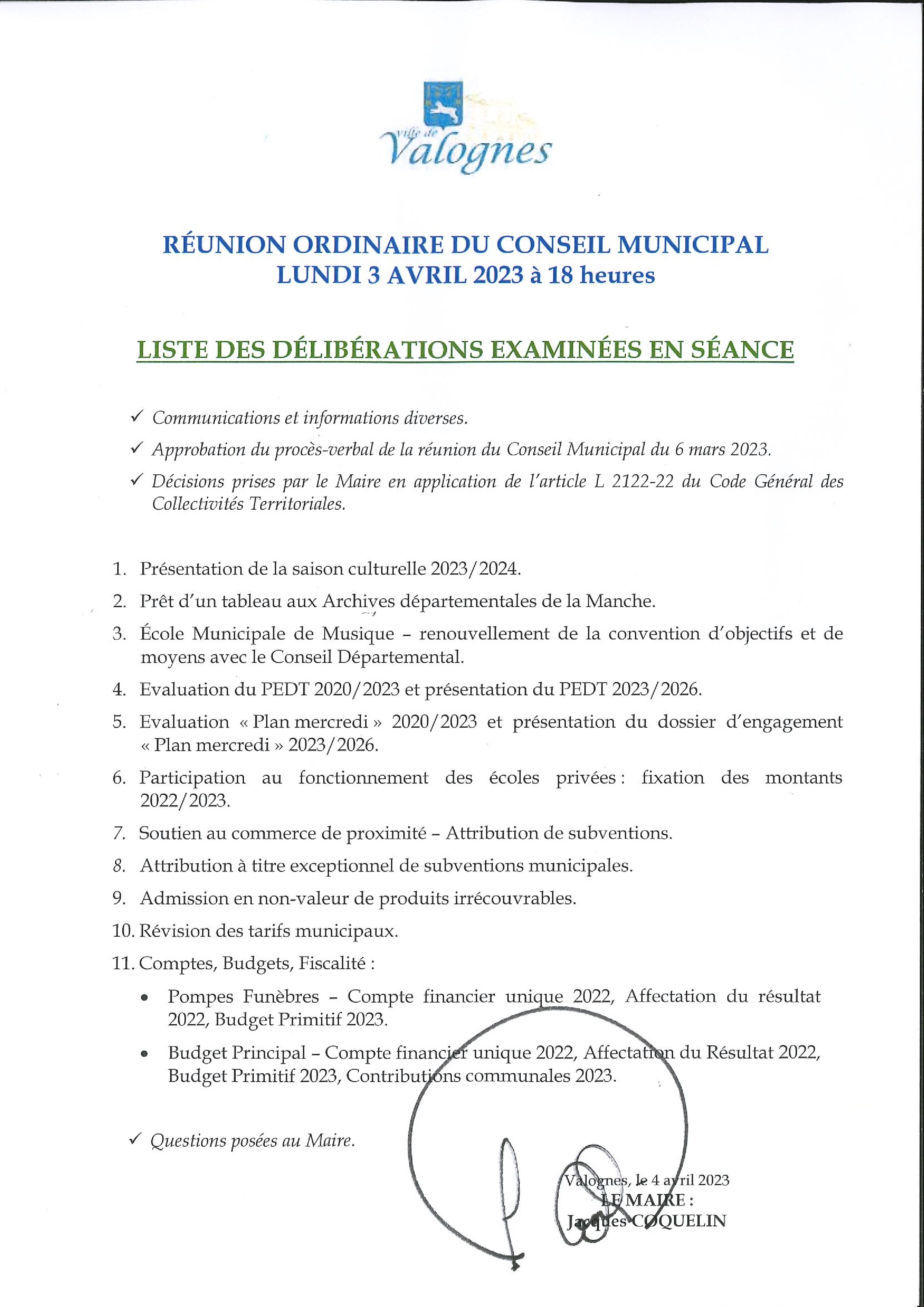 liste des délibérations 03 04 23 - Liste des délibérations examinées lors de la séance du Conseil Municipal du 3 avril 2023.