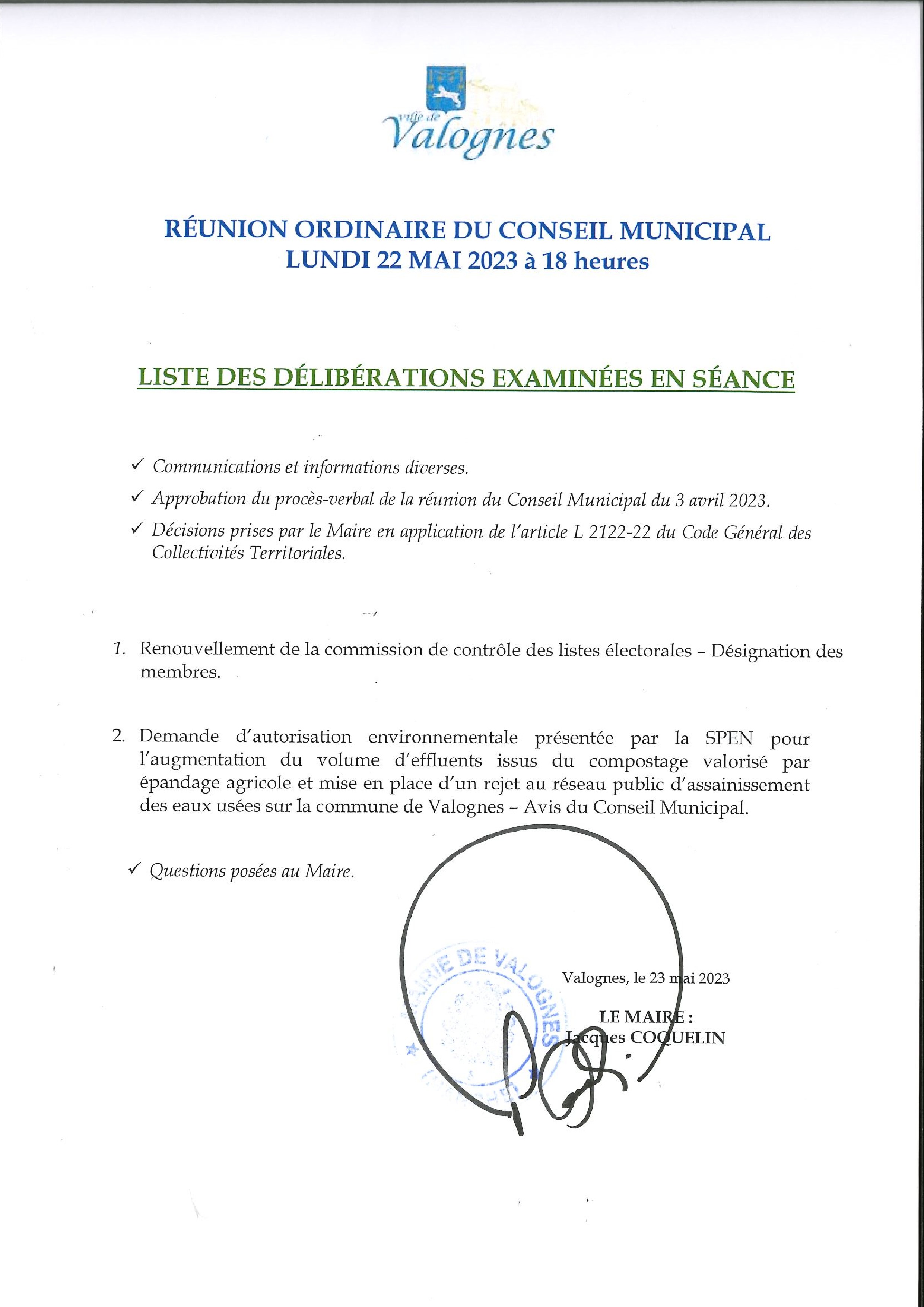 Liste des délibérations 22 05 23 - Liste des délibérations examinées en séance du Conseil Municipal du 22 mai 2023.