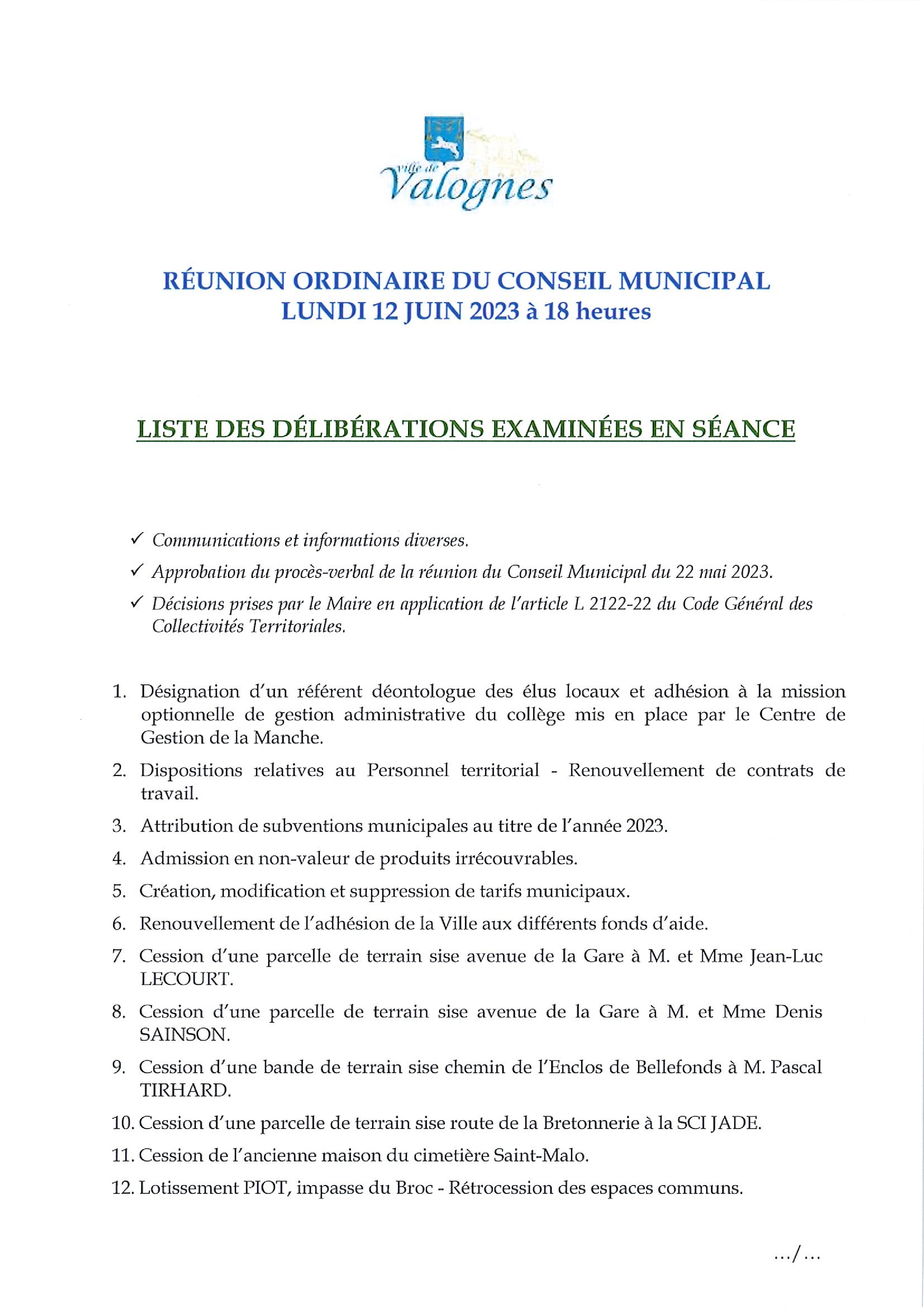 liste des délibérations 12 06 23 - Liste des délibérations examinées en séance du Conseil Municipal du 12 juin 2023.