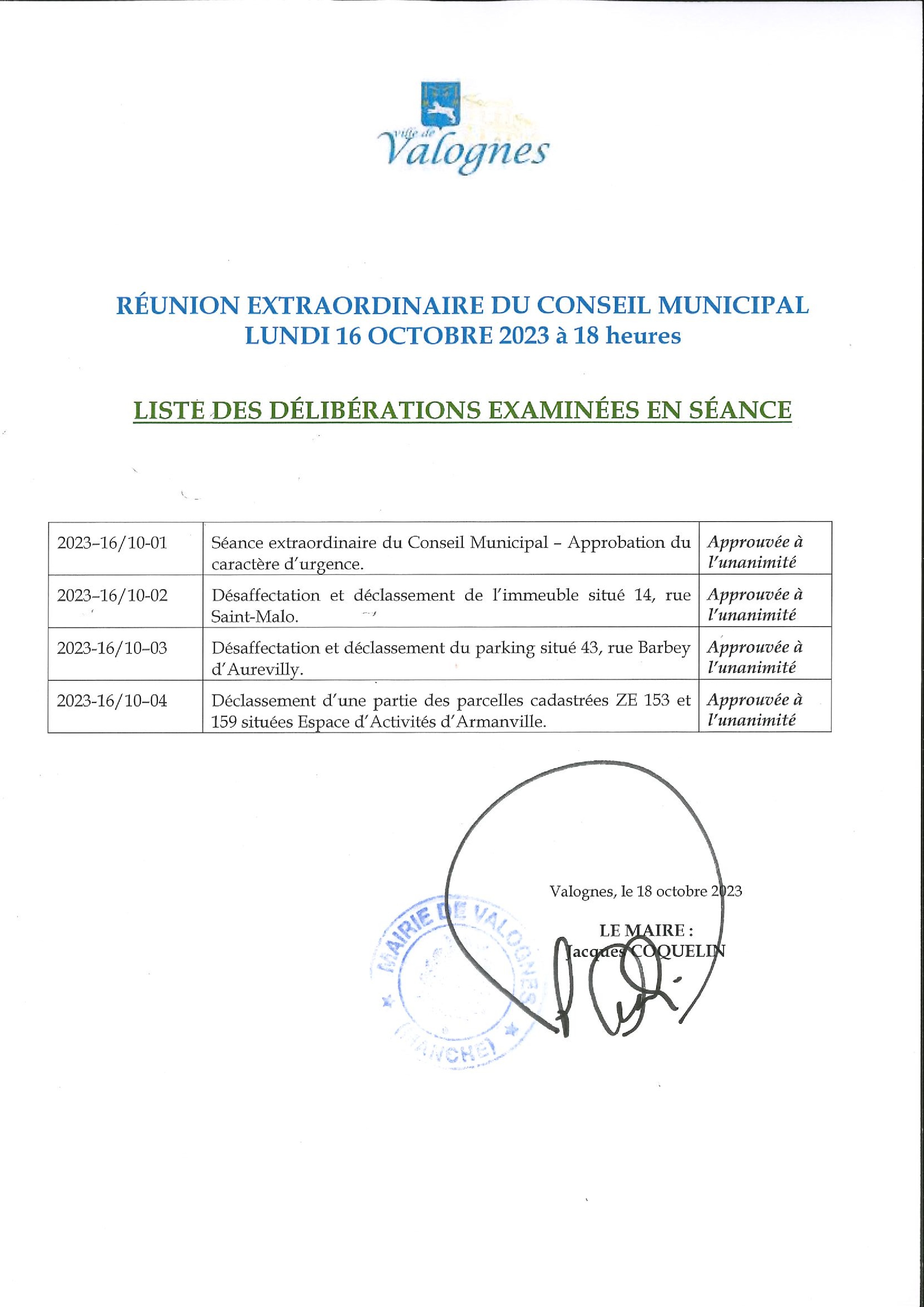 Liste des délibérations – CME 16 10 23 - Liste des délibérations examinées en séance extraordinaire du Conseil Municipal du 16 octobre 2023.